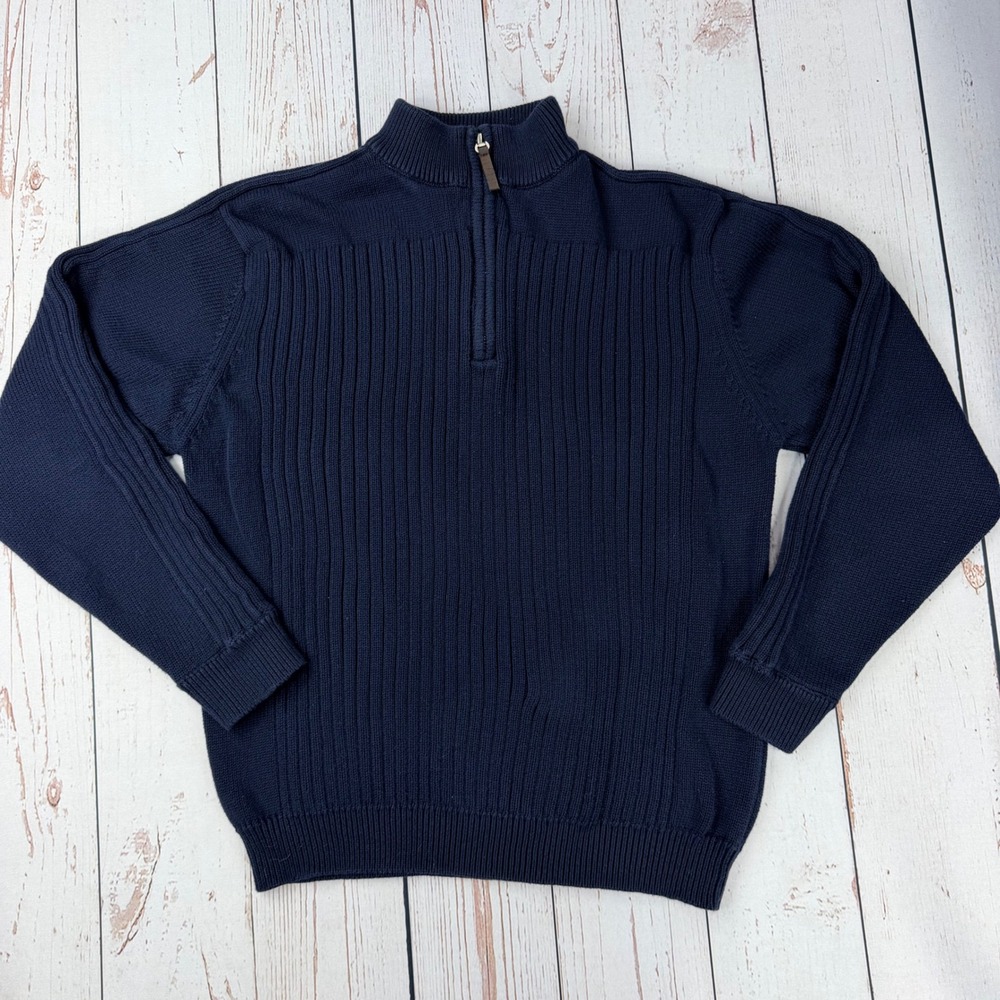 Pacific Heights Mens Navy Blue 100% Cotton Ribbed Quarter Zip Sweater Size M